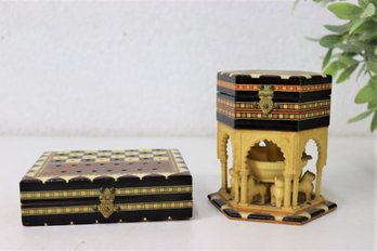 Small Alhambra Inlaid Wood Souvenir Building Box AND Small Intricate Wood Inlay Chess Box/Board With Chessmen