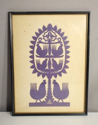 Framed Hand-Cut Silhouette Art From Russia - Roosters & Tree Motif (1965)