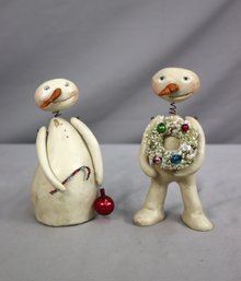 A Pair Of 2001 Artisan-signed Snowlady And Snowman Figurines By Duck Duck Goose Primitives