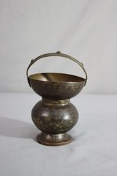 Vintage Metal Vase With Handle And Etched Finish - Made In India