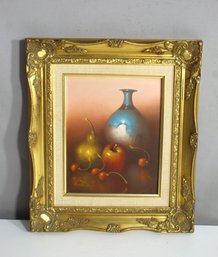 Signed Still Life Oil Painting With Fruit And Vase - Ornate Gold Frame