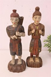 Chinese Hand-carved And Painted Wooden Husband & Wife Farmer Statuettes