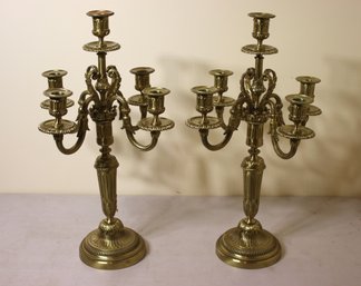 Fabulous Pair Of Four Arm, Five Candle Brass Candelabras