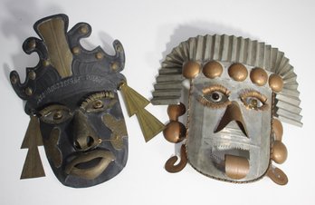 Pair Of Mexican Metal Folk Art Masks Mayan