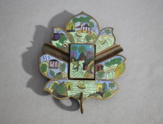 Chinese Cloisonne Leaf-Shaped Ashtray And Matchbox Cover Ensemble