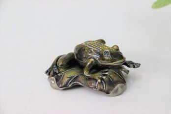 Bedazzled Painted Metal Frog Figurine With Hinged Mouth To Reveal Lady Bug