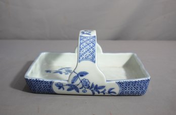 Fitz And Floyd Vintage Porcelain Trinket Dish - White & Blue Floral Basket Design