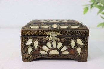 Vintage Wooden Brass Inlay & Abalone Shell Intarsia Jewelry Box/Table Chest