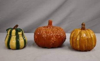 Group Of 3 Ceramic Pumpkins And Gourd