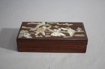Antique Oriental Teakwood Box With Inlaid Mother-of-Pearl