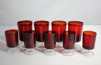 Set Of 9 Luminarc Ruby Red Glasses - French Vintage 1970s -4' & 5.5'