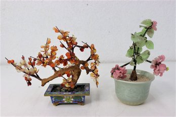 Two Hardstone Blossom Mini  Bonsai Trees One In Cloisonne Pot, Other Is Porcelain