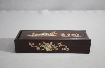 Oriental Vignette: Mother Of Pearl Inlaid Wooden Box  -3.25' X 7.5'
