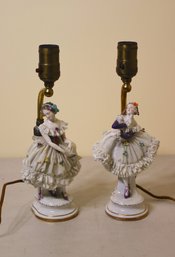Pair Of Antique German Volkstedt  Porcelain Dresden Lace Lady Figurine Table Lamps