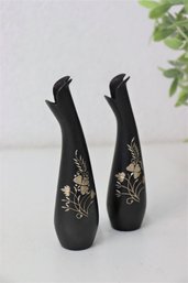 Pair Of Japanese Black Ikebana Bronze Bud Vases With Gold Clover And White Leaf Inlay