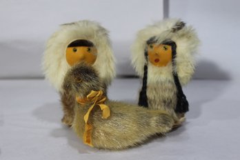 Mid-century Rabbit Fur And Leather Eskimo Inuit Dolls With Glass Eyes From POLAND