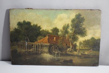 Antique Landscape Painting On Wood  Watermill Scene-signed On The Back