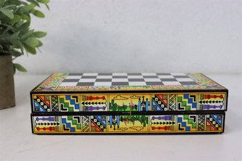 Hand Painted Wood And Ceramic Incas And Spanish Conquerors Chess Set