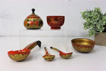 Group Of USSR Khokhloma Painted Wood Souvenir Items AND Japanese Red Lacquer Footed Bowl