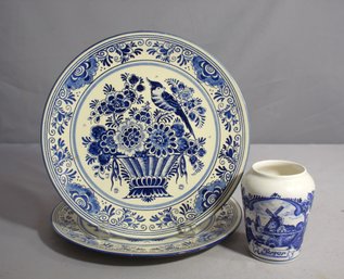 Delft Windmill Vase And Two Plates - Hand Painted