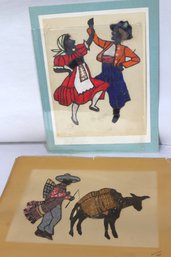 Vintage Fabric Folk Art Figures - A.F. Fiore 1935 - Vibrant Textile Collage Pieces