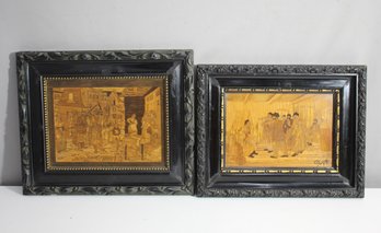 Set Of Two Signed Papp Marquetry Wood Art Panels  Village Scenes