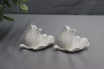 Vintage Set Of 2 White Porcelain Flower On Lily Pad Leaf Toothpick Holders