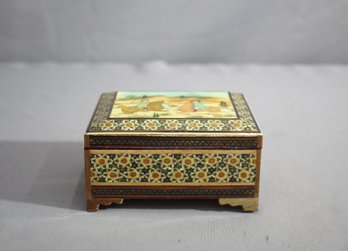 Vintage Embossed Persian Khatam Inlay Wood Trinket Box Hand Painted