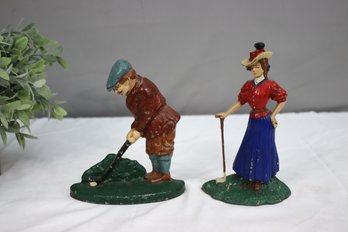 Pair Of Painted Cast Iron Golfer Figurines - Woman & Man - Bookends OR Doorstop