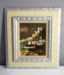 Signed Coastal Landscape Oil Painting On Canvas  Framed, Cliff And Boats Scene