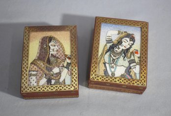 Pair Of Wooden Jewelry Boxes With Traditional Gemstone Paintings