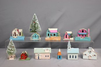 Group Lot Of 11 Small Snowy Sparkly Buildings For Christmas Holiday Village Display