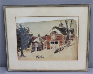 Framed Vintage Watercolor Barn Hillside - Partially Falling From Matte