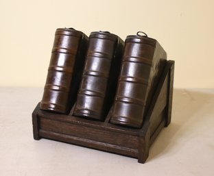 Set Of 3 Royal Doulton Three Volume Book Flasks With Wooden Tabletop Shelf