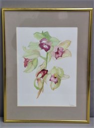 Framed Nadine Stearns Cymbidium Orchids Watercolor, Signed