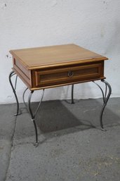 Vintage Wood And Wrought Iron Single Drawer End Table