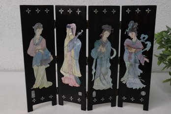 Mother Of Pearl Geisha Four Panel Carved Wood Tabletop Double Sided Screen