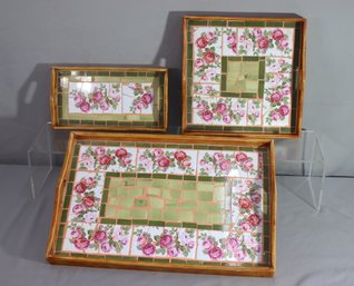 Three (3) Vintage Ceramic Tiled Tray With Wood Frame