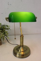 Traditional Brass-tone Bankers Lamp With Green Glass Shade
