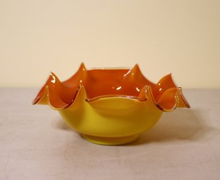 Vintage Hand-Blown Yellow/Orange Wave Wavy Rim Cased Art Glass Bowl