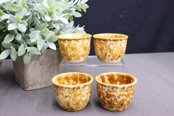 Set Of Four Yellow Sponge Ware Custard Cups