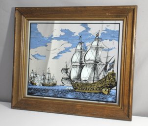 Vintage Nautical Sailing Ship Seascape Mirror W/Wooden Frame