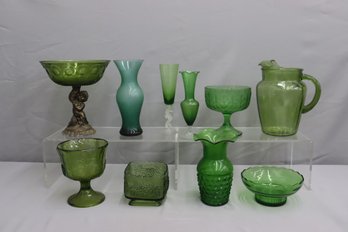 Group Lot Of Emerald Avocado Green Glass Pitchers, Vases, Etc