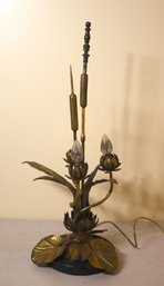 Vintage Pond Lilies And Cattails Brass Lamp With Marble Base