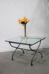 Glass Top Table With Wrought Iron Double X Base