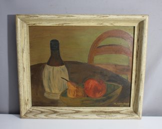 1954 Still Life Oil On Board, Signed 'M.anihouse' - Bottle, Pear, And Apple