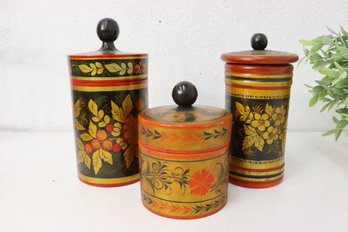 Group Of 3 Vintage Russian USSR Wooden Painted Floral Lidded Canisters