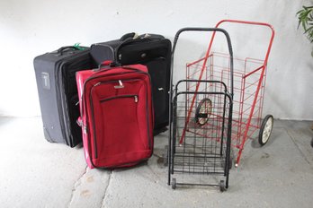 Group Lot Of 2 Suitcases And 2 Rolling Carts