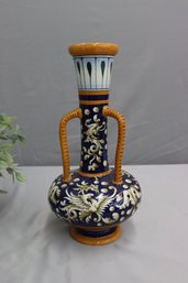 Italian Tri-Handle Ceramic Butterscotch On Cobalt Blue Gourd Vase