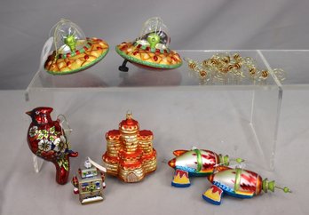 Group Lot Of Futuristic And Old-Timey Shiny Christmas Ornaments